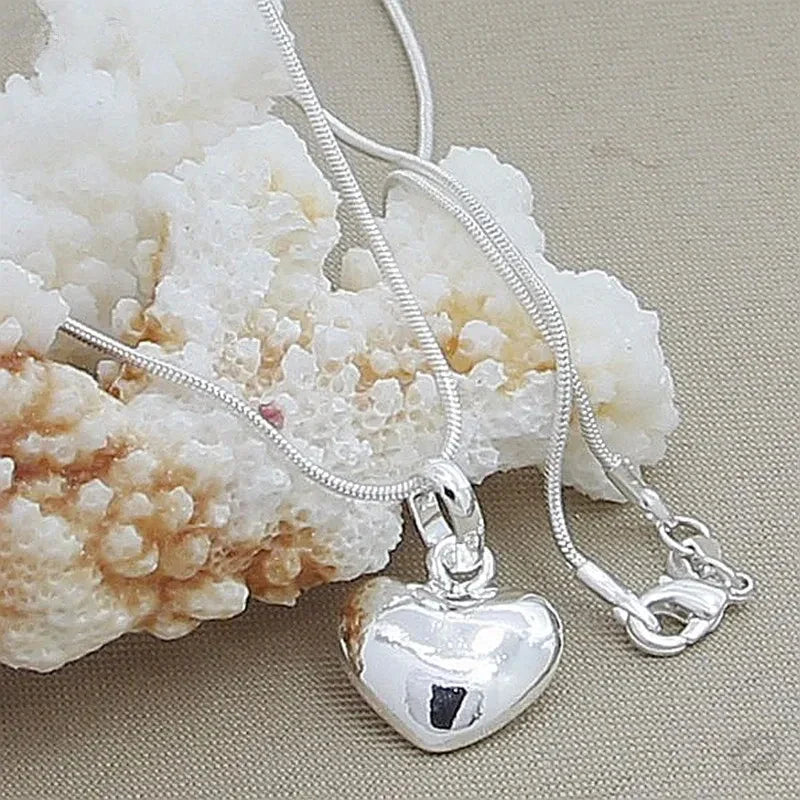 Silver Color Solid Small Heart Pendant Necklace 16-30 Inch Snake Chain For Women Wedding Charm Fashion Jewelry