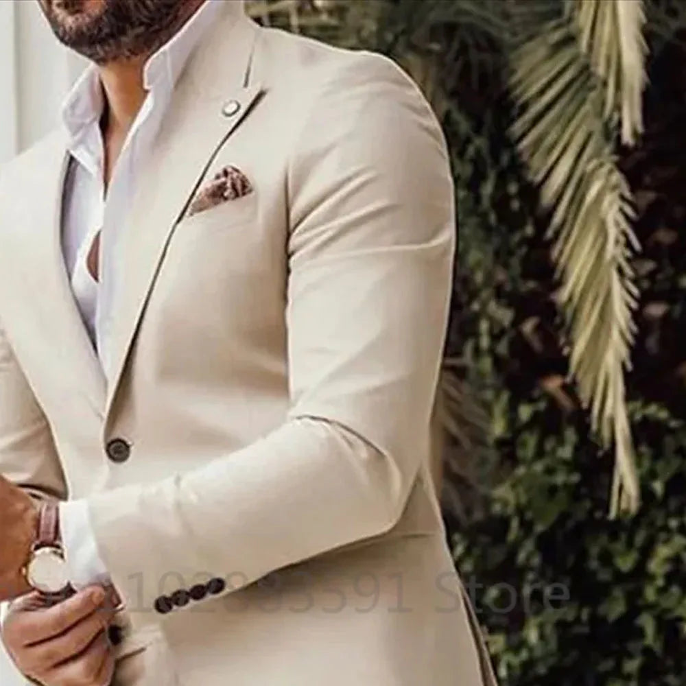 Tuxedo for Mens: Mens Fashion Beige Slim Business Men's Suit Groom Tuxedo Wedding
