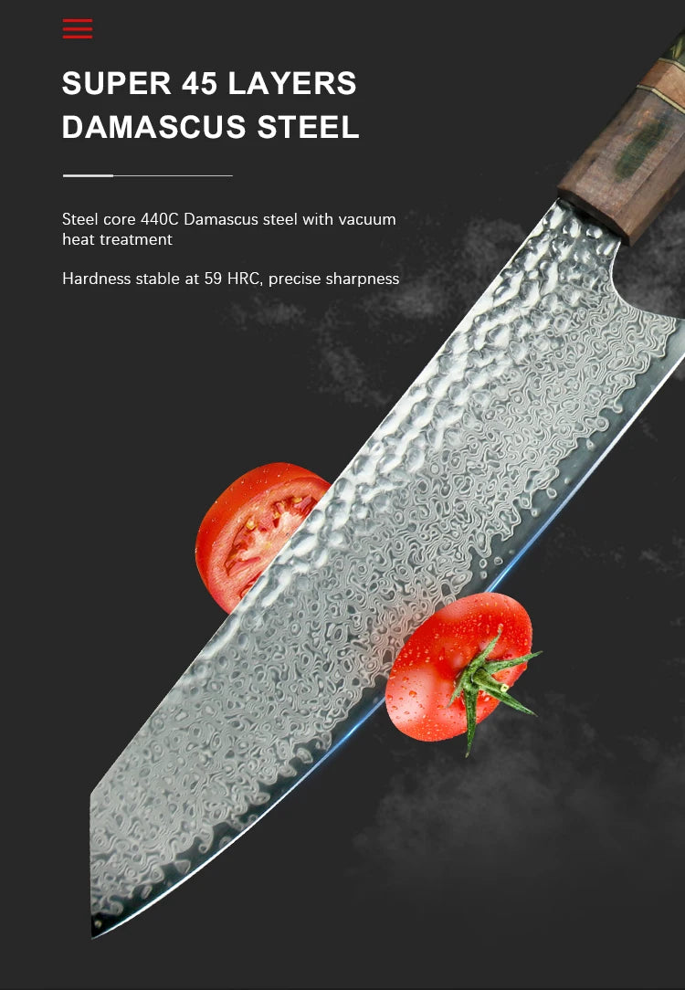 Damascus Chef Knife 8 Inch  Vg10 Japanese Knife Stabilized Colored Wood Handle