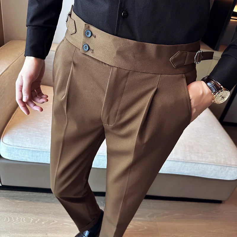 Autumn Winter High Waist Business Dress Pants Men Casual Belt Design Slim Suit Pants