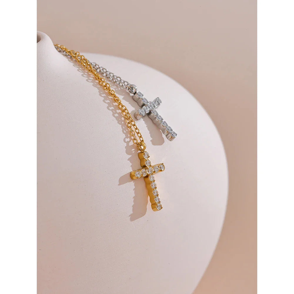 Yhpup Delicate Shiny Cubic Zirconia 316L Cross Pendant Necklace for Women Stainless Steel High Quality Jewelry Water Resistant