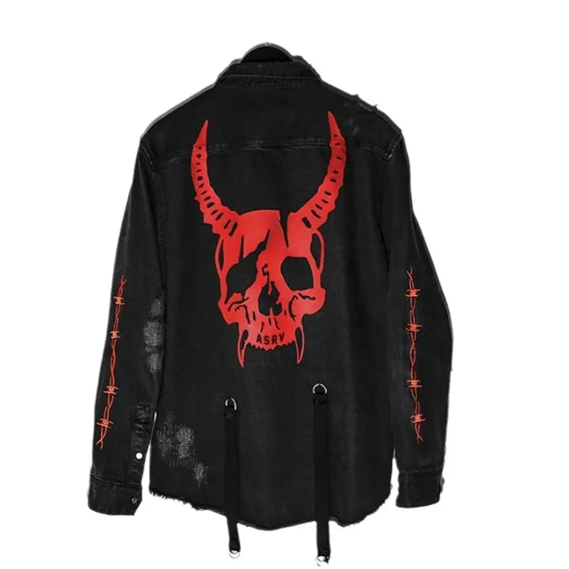 Men's Tide Punk Spring And Autumn New Print Jackets Loose Size Skull Denim Coat