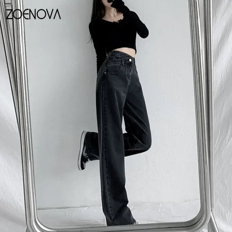 Baggy Straight Jeans Y2K Office Lady Women's Loose Pants Fashion Light Blue Cross