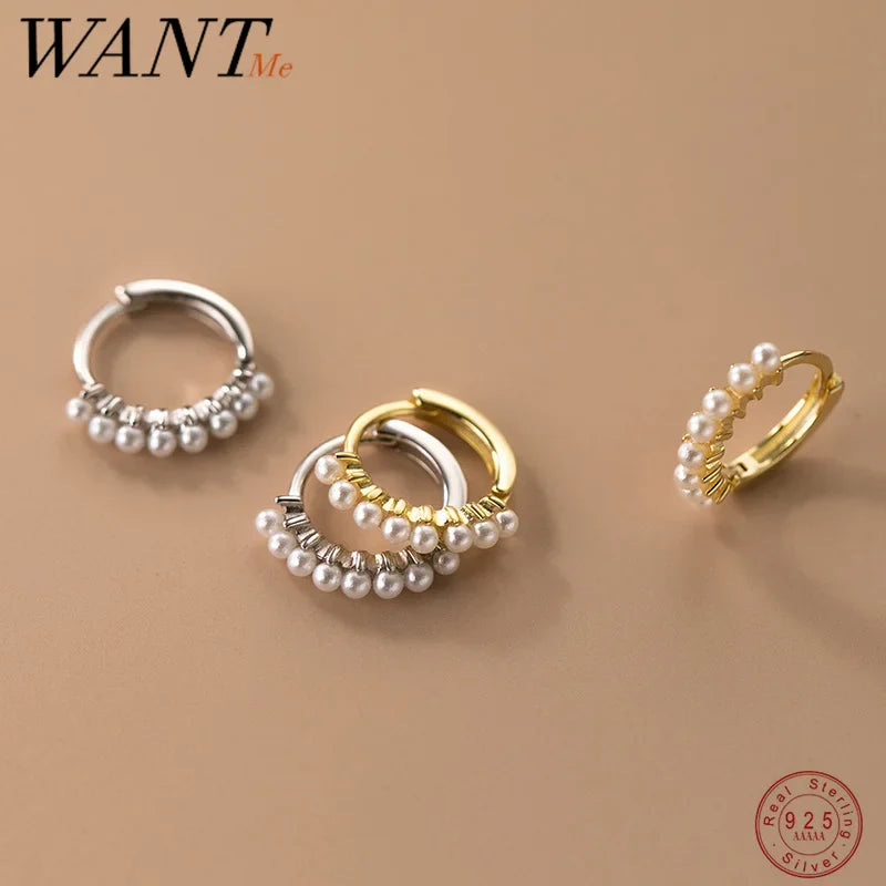 WANTME 925 Sterling Silver Vintage Simple Pearl Huggies Ear Buckles for Women Charms Party Piercing Hoop Earrings Jewelry Gift