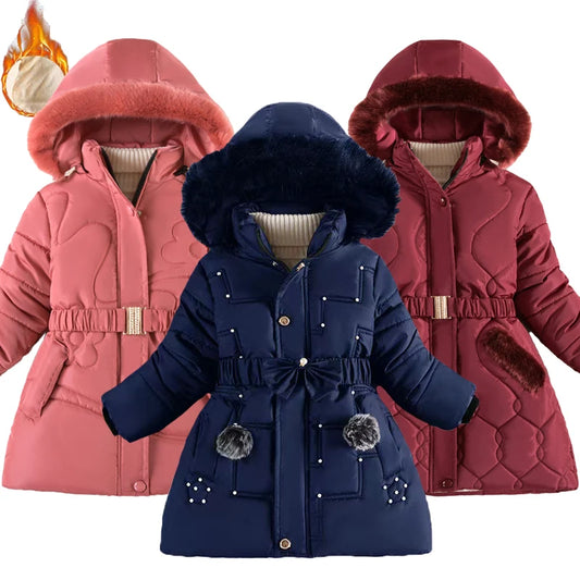 Thick Keep Warm Winter Girls Jacket Detachable Hat Plush Collar