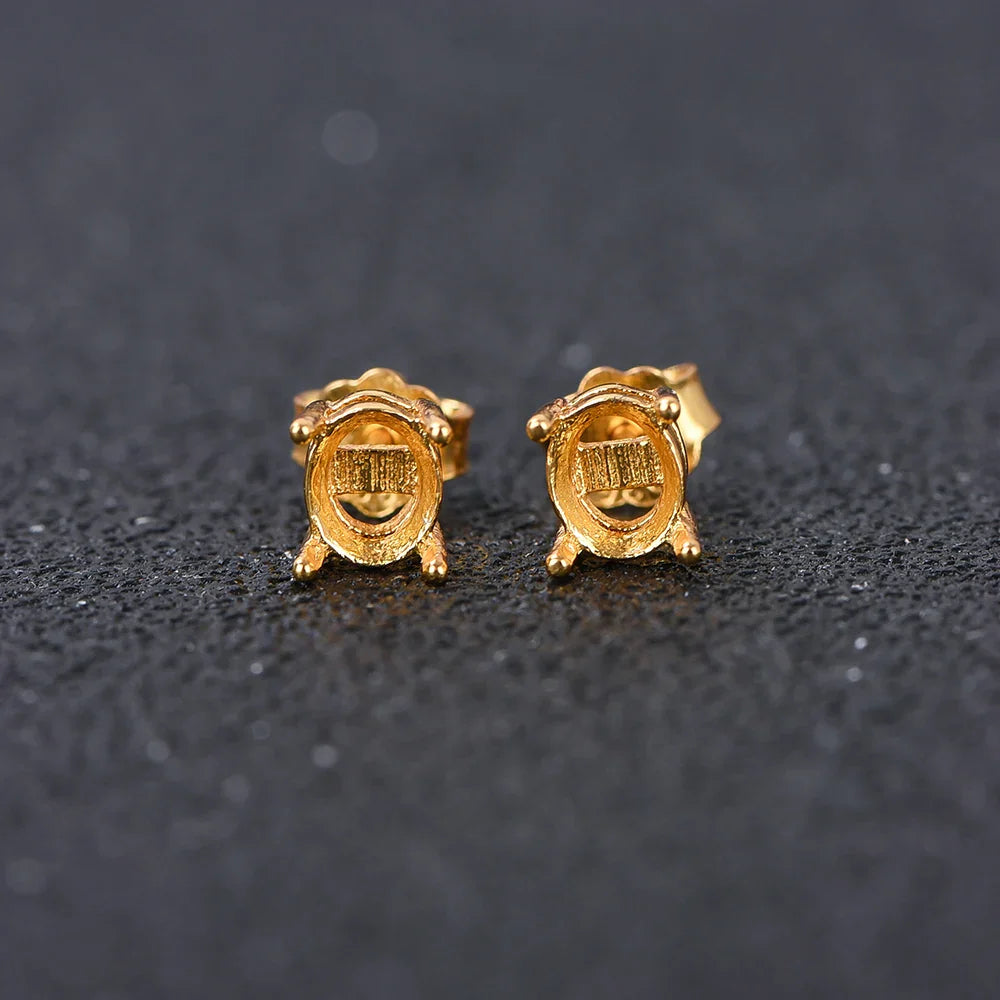 Oval 4-prong silvery Golden Rose golden color solid 925 sterling silver stud earring settings DIY jewelry supplies