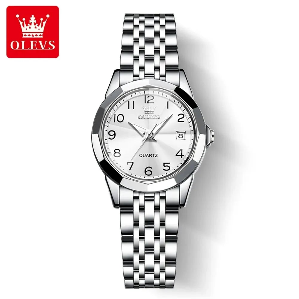 OLEVS 9970 Original Luxury Quartz Watch for Women Rhombus Mirror Digital Dial Calendar Stainless Steel Waterproof Wrist Watches