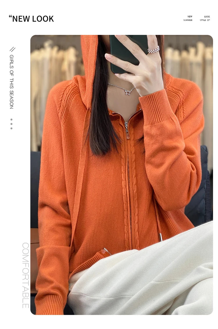 autumn and winter hooded cardigan women's knitted top loose sweater casual