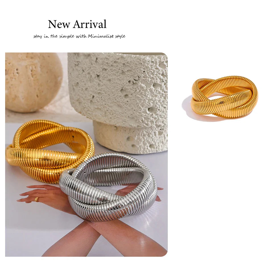 Yhpup 316L Stainless Steel Wide Heavy Metal Stackable Bracelet Bangle Waterproof 18K PVD Plated Texture Charm Statement Jewelry