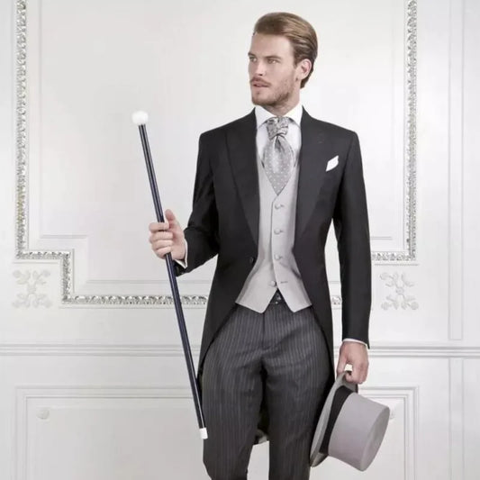Tuxedo for Mens: Men Suit 3 Pieces With Gray Vest Striped Trousers Business Casual