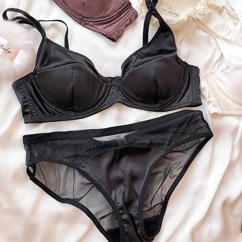Women Ice Silk Comfort Underwear Small Breast Push Up Bra Set Detachable