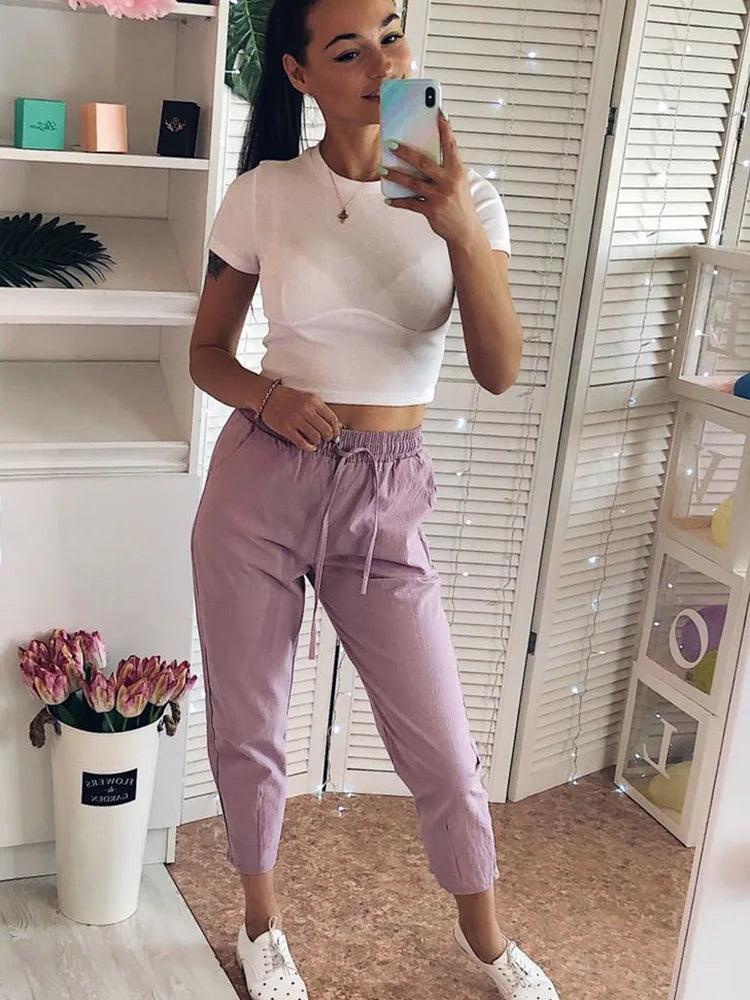 Womens Spring Summer Pants Cotton Linen Solid Elastic waist Candy Colors Pants