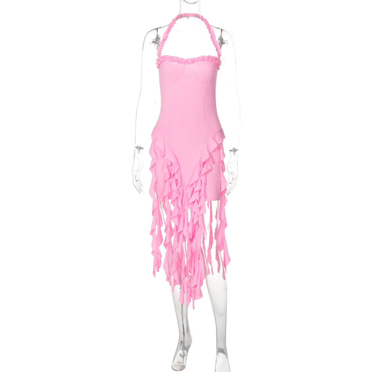 Hugcitar Elegant Halter Solid Ruffles Backless Taseel Sexy Slim Mini Dress Spring Women Cute Outfits Birthday Party Vacation