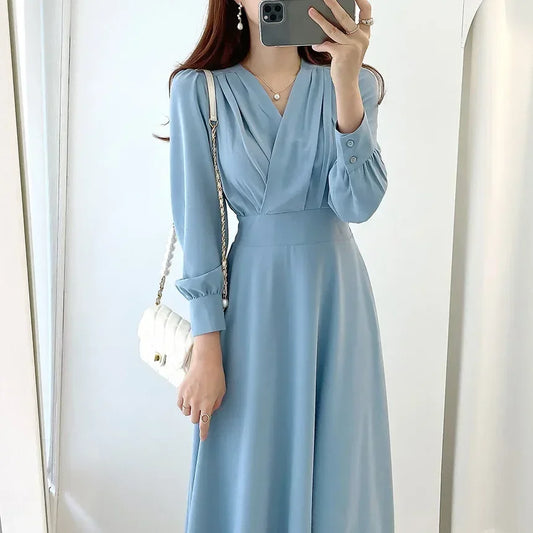 Vintage Women Pleated Cross V-neck Long Dresses