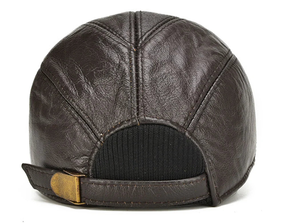Hot Sale Casual Real Leather Earflap Cap Men's Real Cowhide Leather Caps Male Fall Winter Genuine Real Cow Leather Baseball Hats