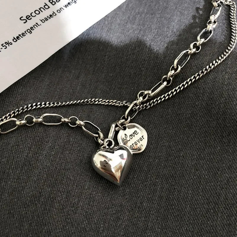 Elegant 925 Sterling Silver Love Letter Heart Double Layer Bracelet Female Unique Design Thai Silver Retro Light Luxury Jewelry