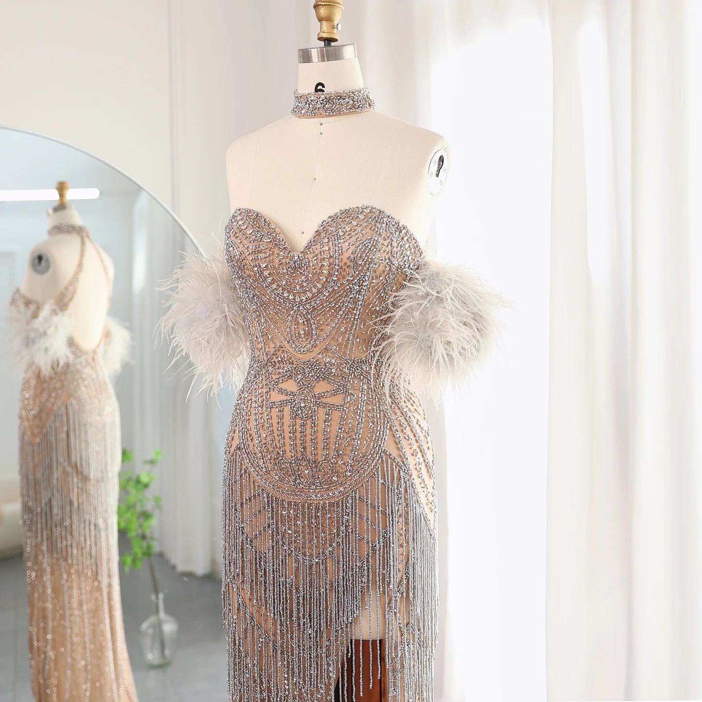 Homecoming Dresses: Tassel Feather Silver Nude Mermaid Evening Dress