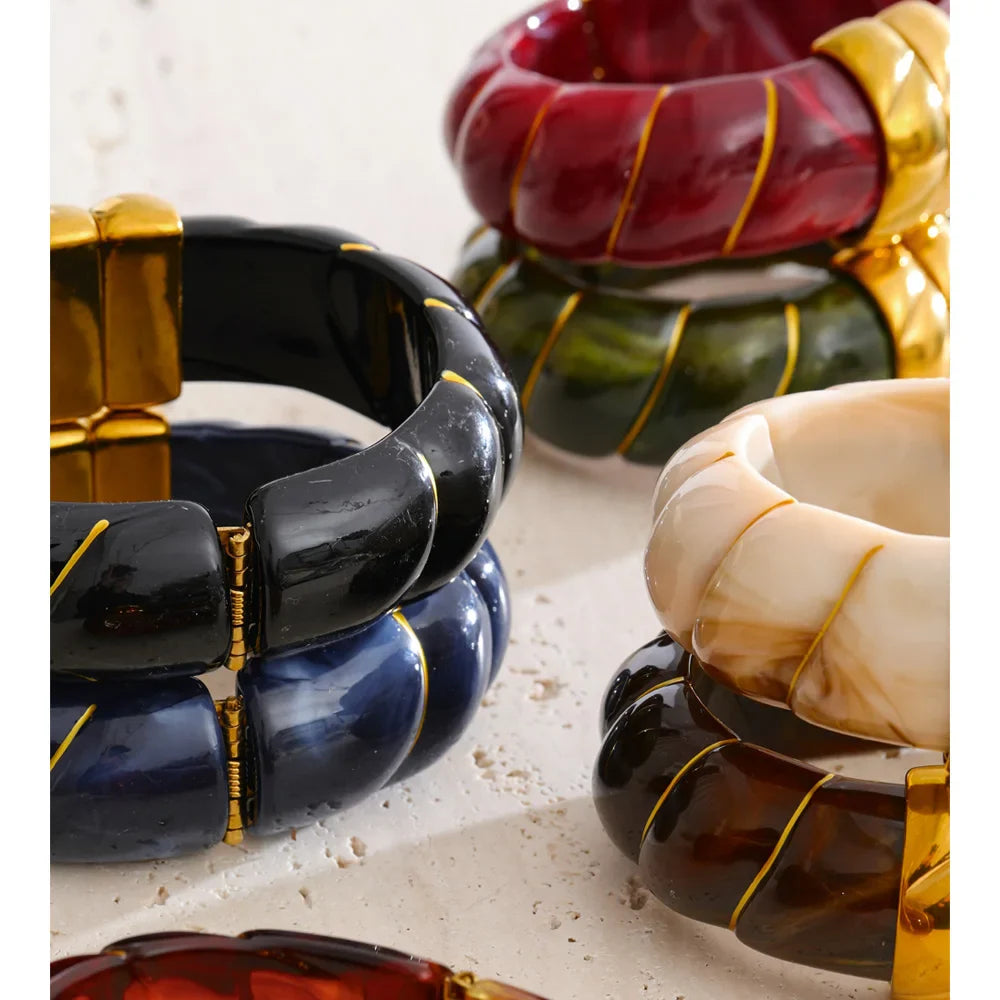 Yhpup Exclusive Multi-Color Acrylic Resin Wide Statement Bracelet Bangle Stainless Steel Autumn Winter Sweater Wrist Jewelry