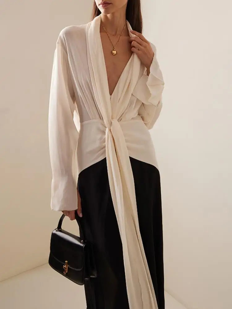 Evening wear Dresses: Women Patchwork Deep V-Neck Pleated Party Evening Dresses