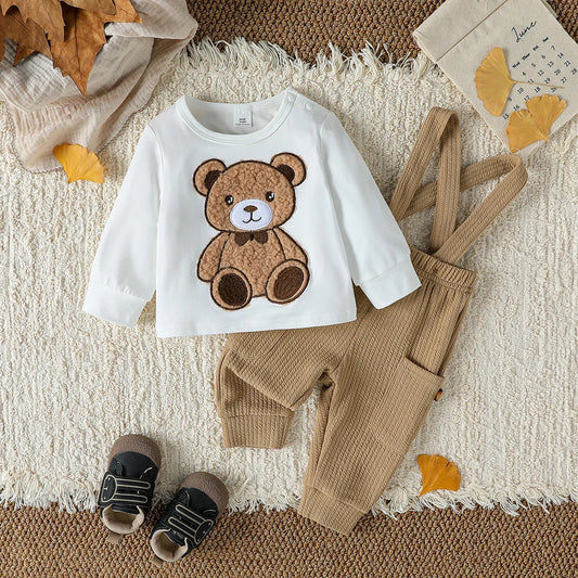 Baby Boys 2Pcs Autumn Long Sleeve Cartoon Bear Top+ Solid overalls Baby Jumpsuit For 1-3Y Sets  Casual Clothes