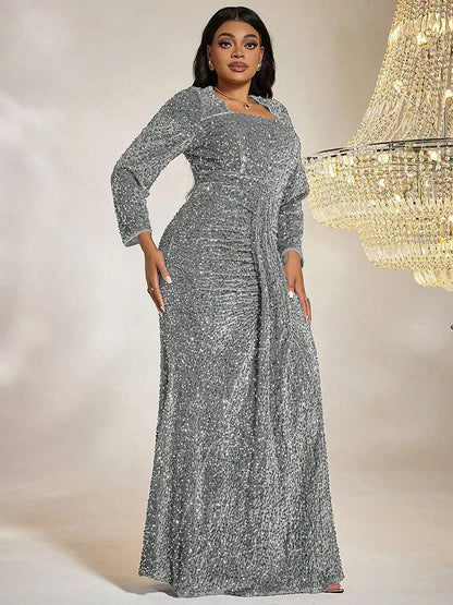 TOLEEN Women Plus Size Maxi Dresses Luxury Heavy Sequined Evening Gown Elegant Tight Fishtail Dress Banquet Bridesmaid Dress