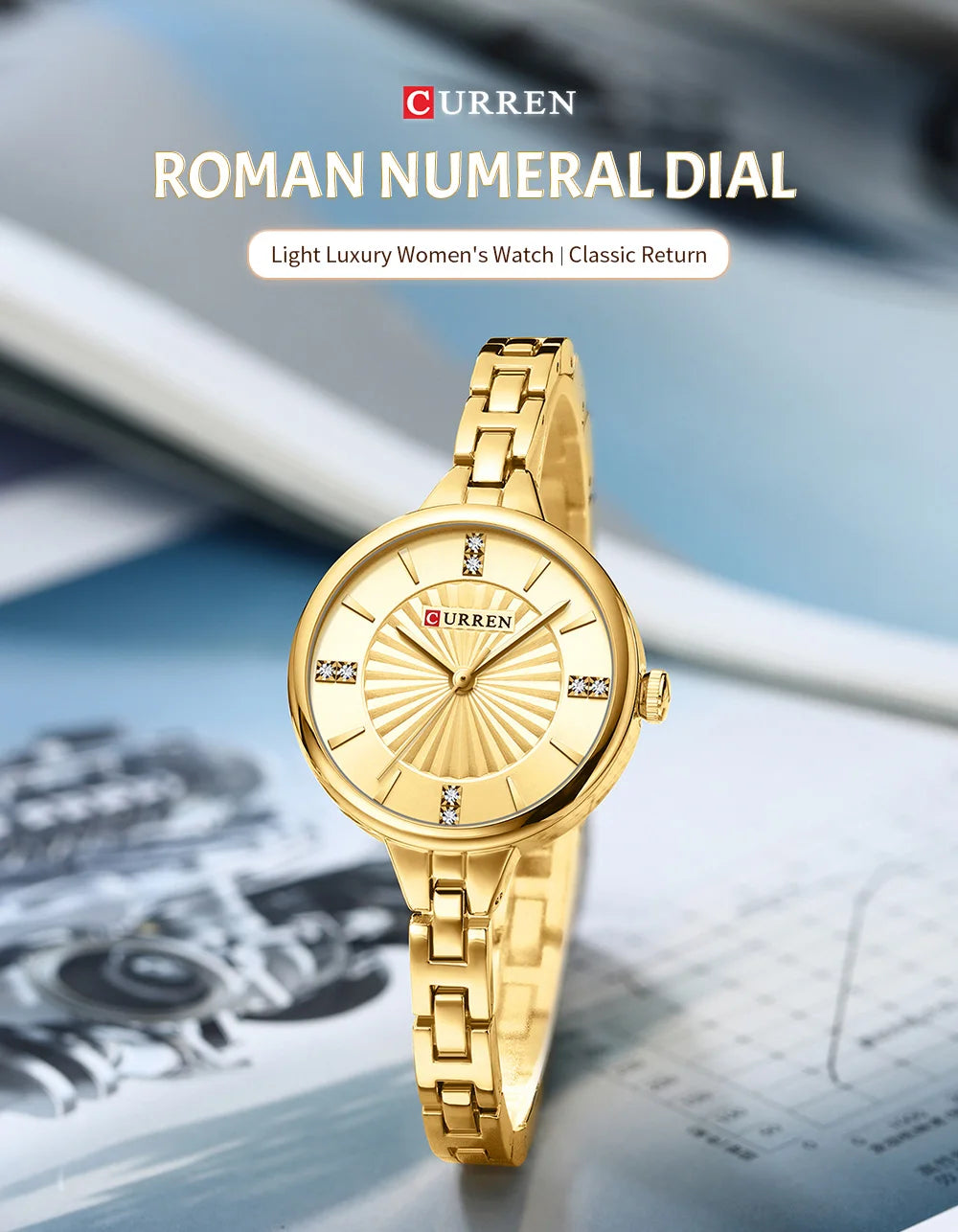 CURREN Luxurious and Elegant Round Dial with Stainless Steel Bracelet Fashion Dress Quartz Watches for Women