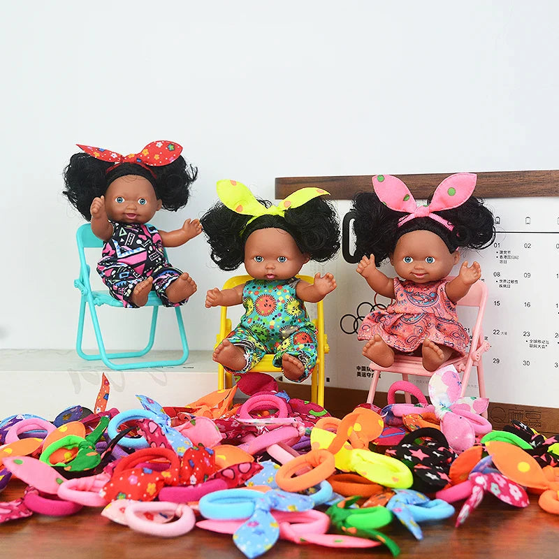 5in/13cm Kawaii Cute Black New Reborn Baby Dolls Educational Dolls Black Skin Black Hair With Cute Bow Headwear Birthday Gift