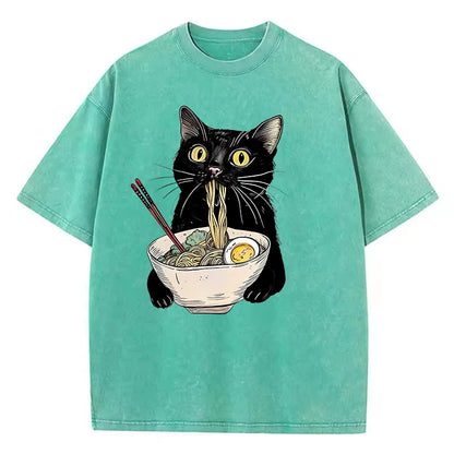 Unisex Hip Hop T Shirt Vintage Washed 100% Cotton T-Shirt Black Retro Cat Eating Ramen Graphic Tee Casual Streetwear