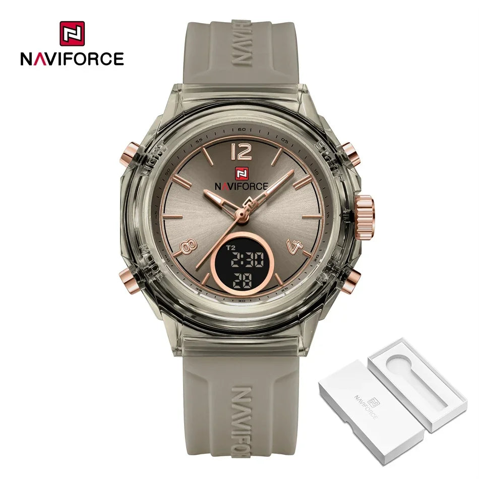 NAVIFORCE Luxury Women's Watch Gold Outdoor Sports Waterproof Watches Dual Time Display Quartz Wristwatches Rubber Digital Clock