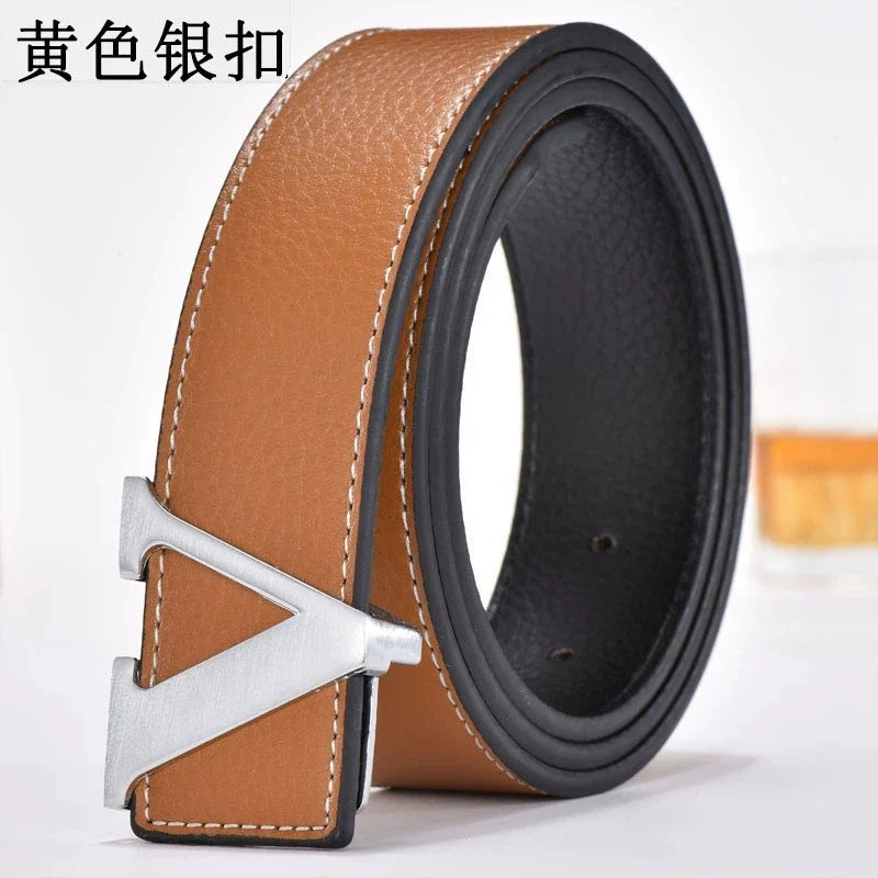 Men's high-end belt with smooth buckle; Korean style fashion trend letter V belt; men's belt
