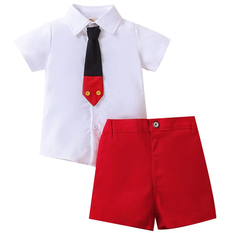 2 Pieces Kids Suit Set, Summer Contrast Color Lapel Short Sleeve Shirt with Necktie+ Short Pants for Boys, 1-8 Years