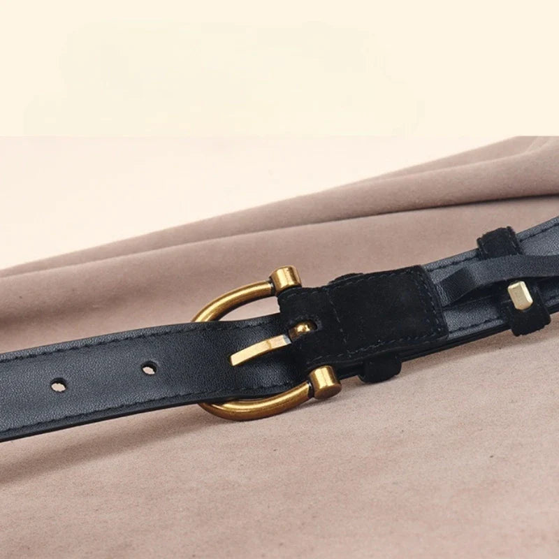 Genuine Leather Suede Women Belt Fashion Skinny Waistband Retro Gold Buckle Brown Belts for Jeans Pants