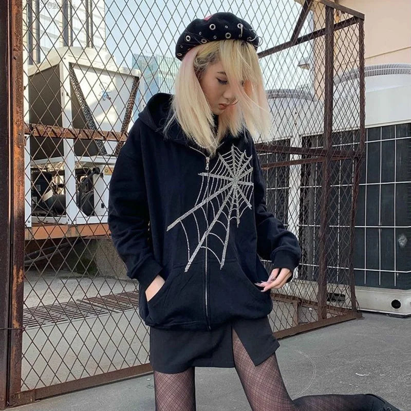 Y2k Gothic Spider Web Diamond Zipper Hoodie Female Autumn Winter Oversize Fashion