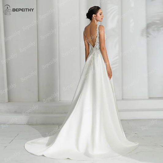 V Neck Backless Satin Ivory Wedding Dresses For Women Sleeveless