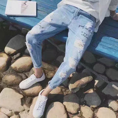 Retro Ripped Men's Jeans With Holes Tapered Slim Fit Trousers Korean Fashion