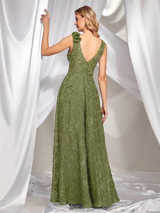 Elegant V Neck Green Floral Evening Dress Long Luxury Women Sleevesless Party Dress