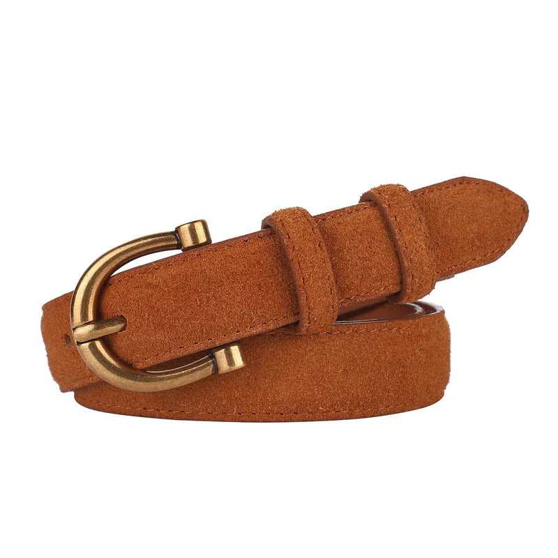 Genuine Leather Suede Women Belt Fashion Skinny Waistband Retro Gold Buckle Brown Belts for Jeans Pants