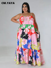 Women Plus Size Autumn  Spaghetti Strap Ruffles Hem Loose Maxi Long Floral Leaf Print