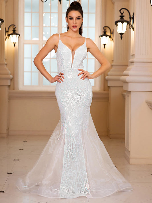 Sleeveless V Neck Sequined Mermaid White Wedding Party Dress