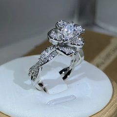 925 Sterling Silver InterTwined Three-Dimensional Rose Ring White Zircon Full Diamond