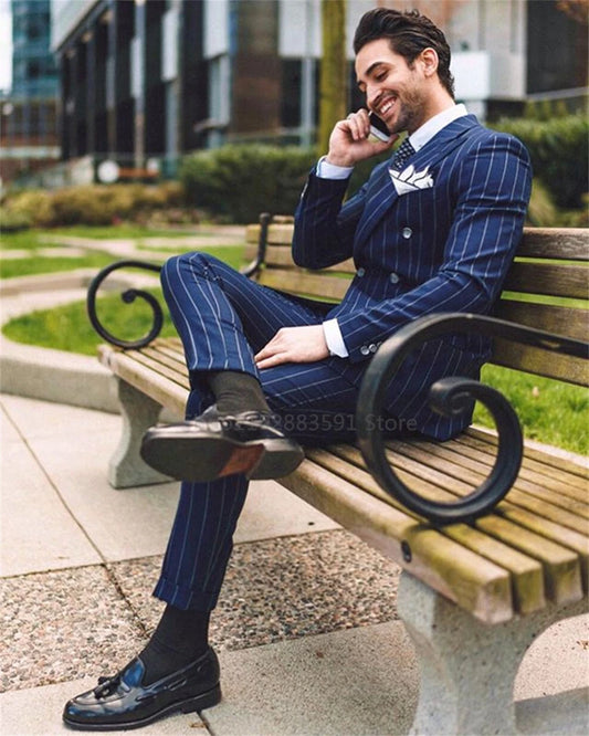 Classic Navy Blue Striped Men's Suits Slim Fit Business Blazer Double