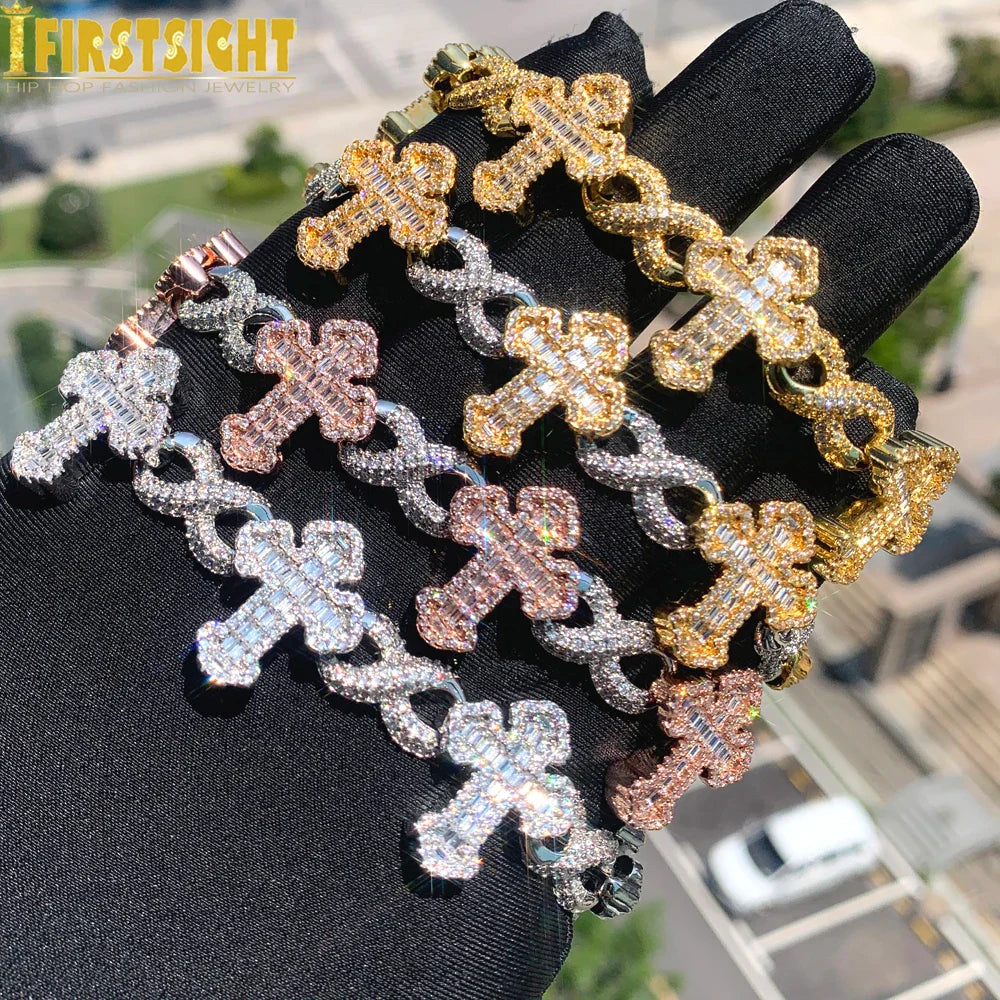 New Iced Out Cross Infinity Charm Bracelet Micro Paved Cubic Zirconia Cuban Chain For Women Men Hip Hop Rapper Jewelry