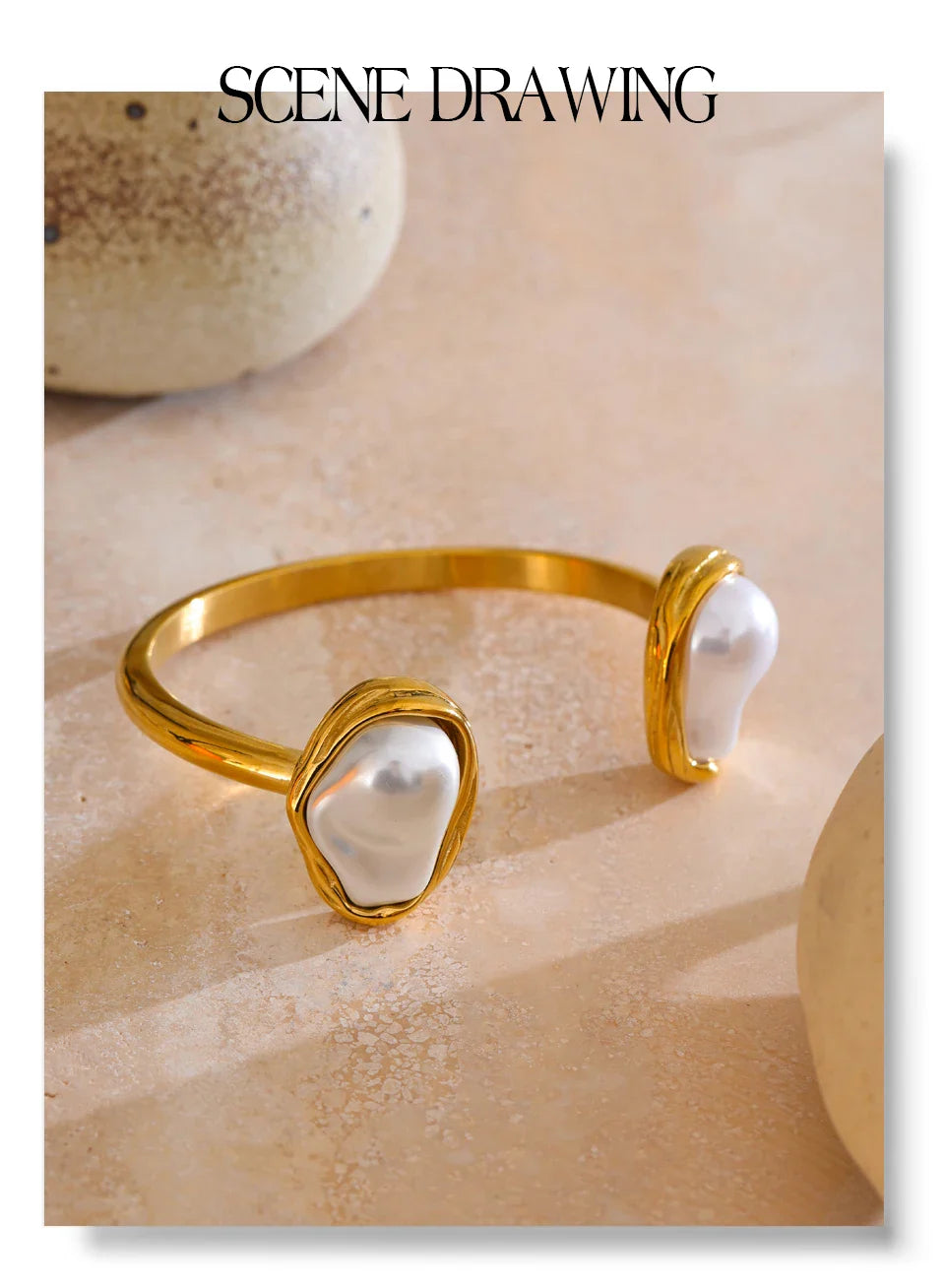 Yhpup 59mm Stainless Steel Baroque Simulated Pearls Cuff Bracelet Bangle Tarnish Resistant Gold Color Wrist Jewelry New