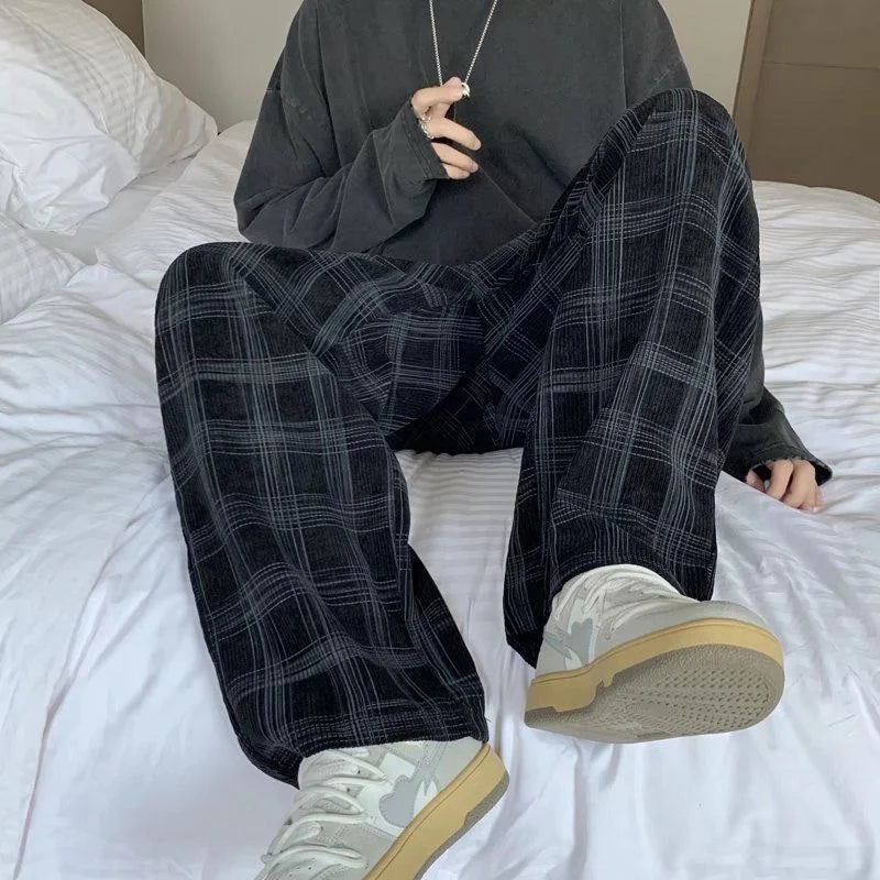 Men Checkered Casual Pants Loose Straight Corduroy Pants Sweatpants Man Fashion