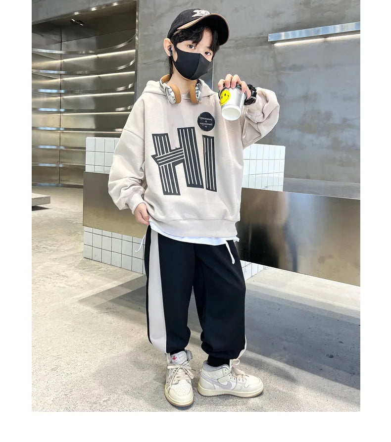 Children Boy Hooded Clothes Set Letter Printed Hoodies Sweatshirts Top and Pants 2 Pieces Suit Teenage Girls Tracksuits