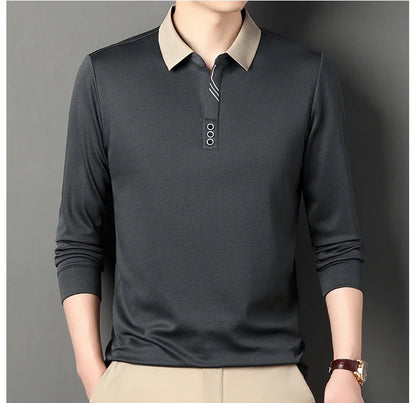 New Men's Long-sleeved Polo Shirt Sweatwear Business Casual Top Fashion Classic Solid Color Male Brand Basic V-neck Top