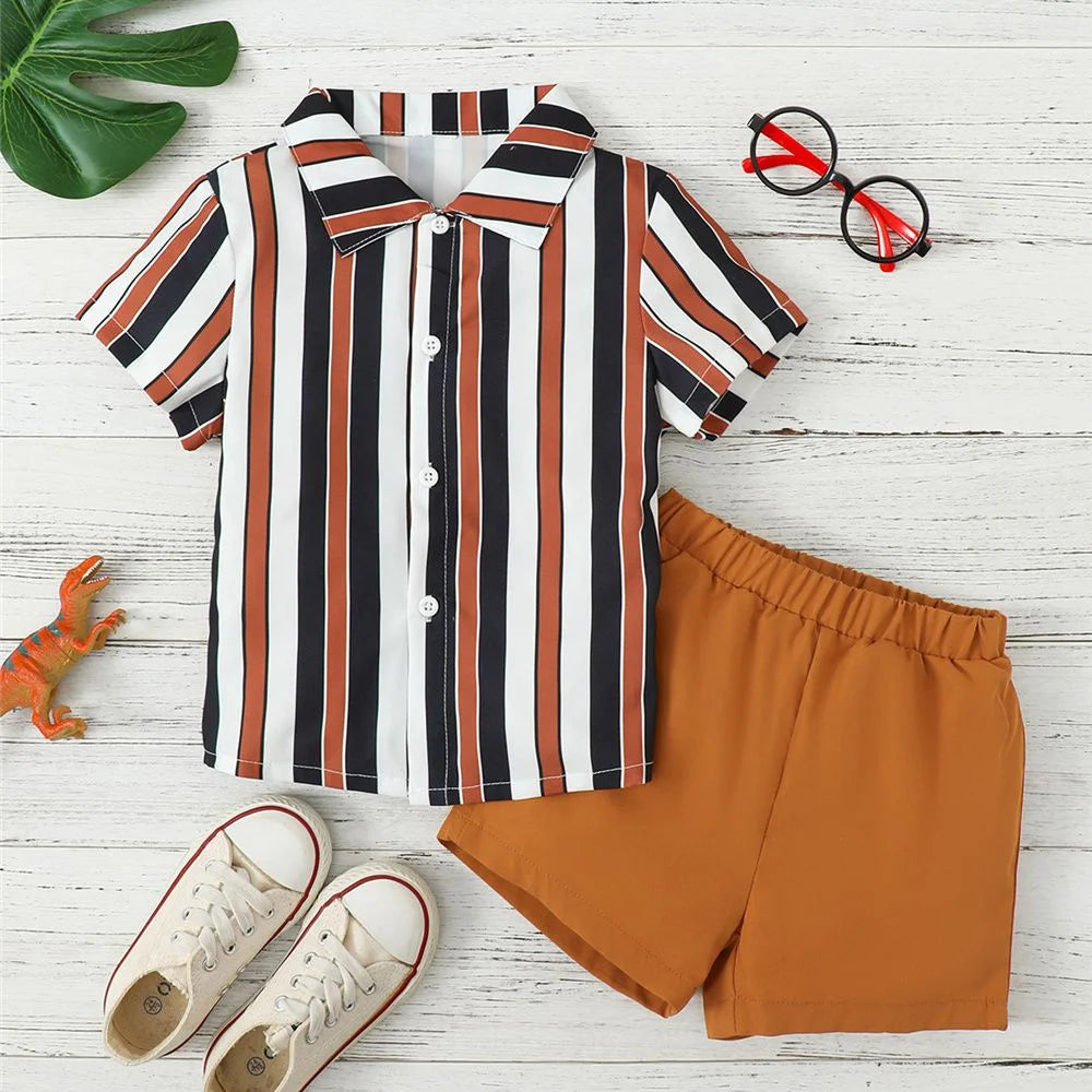 4-7 Years Clothes Set for Kids Baby Boy Handsome Striped Short Sleeves Shirt+Solid Shorts 2PCS Summer Daily Casual School Outfit