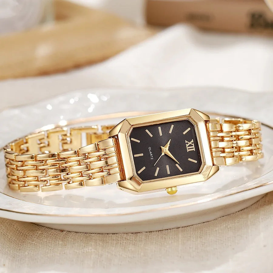Luxury Women's Quartz Watch Set Fashion Alloy Band Business Ladies Watches Square Quality Gold Plated Folding Female Clock