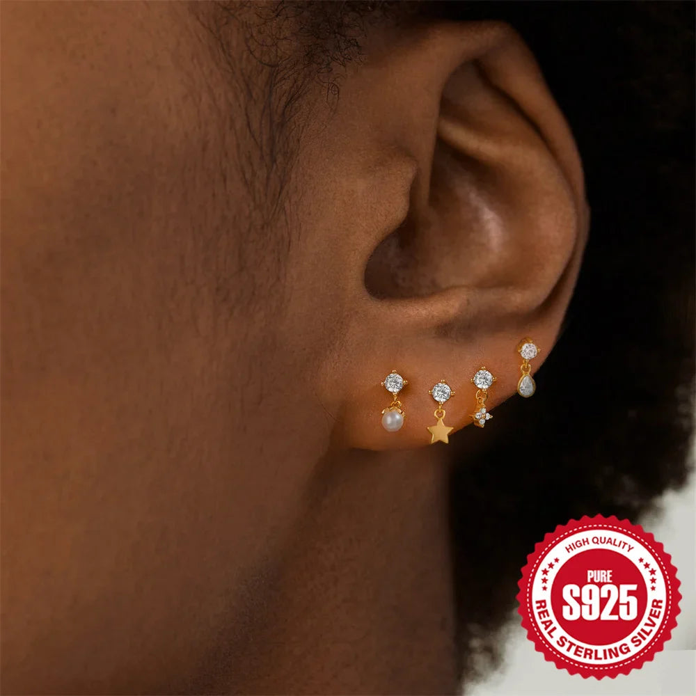 CANNER 1PC Four Pointed Star Moon Tassel Lotus Cartilage Spiral Puncture 925 Sterling Silver Stud Earring For Women Ins Earring