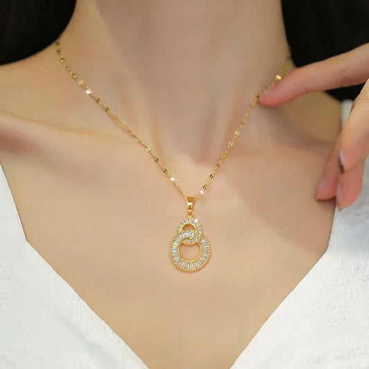 Classic Gold Color Stainless Steel Necklace For Women Shiny Zircon Geometric